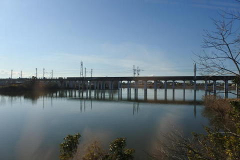 新幹線の高架橋が水面に映る