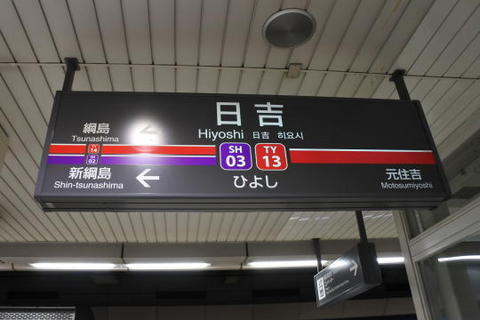 日吉駅の駅名標（東横線側）